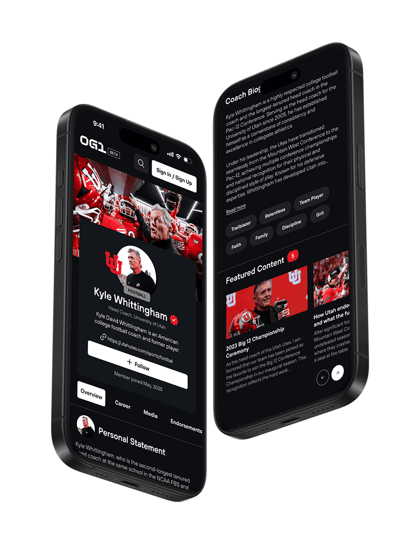 An OG1 profile on two phones: the header, the coach biography and the featured content