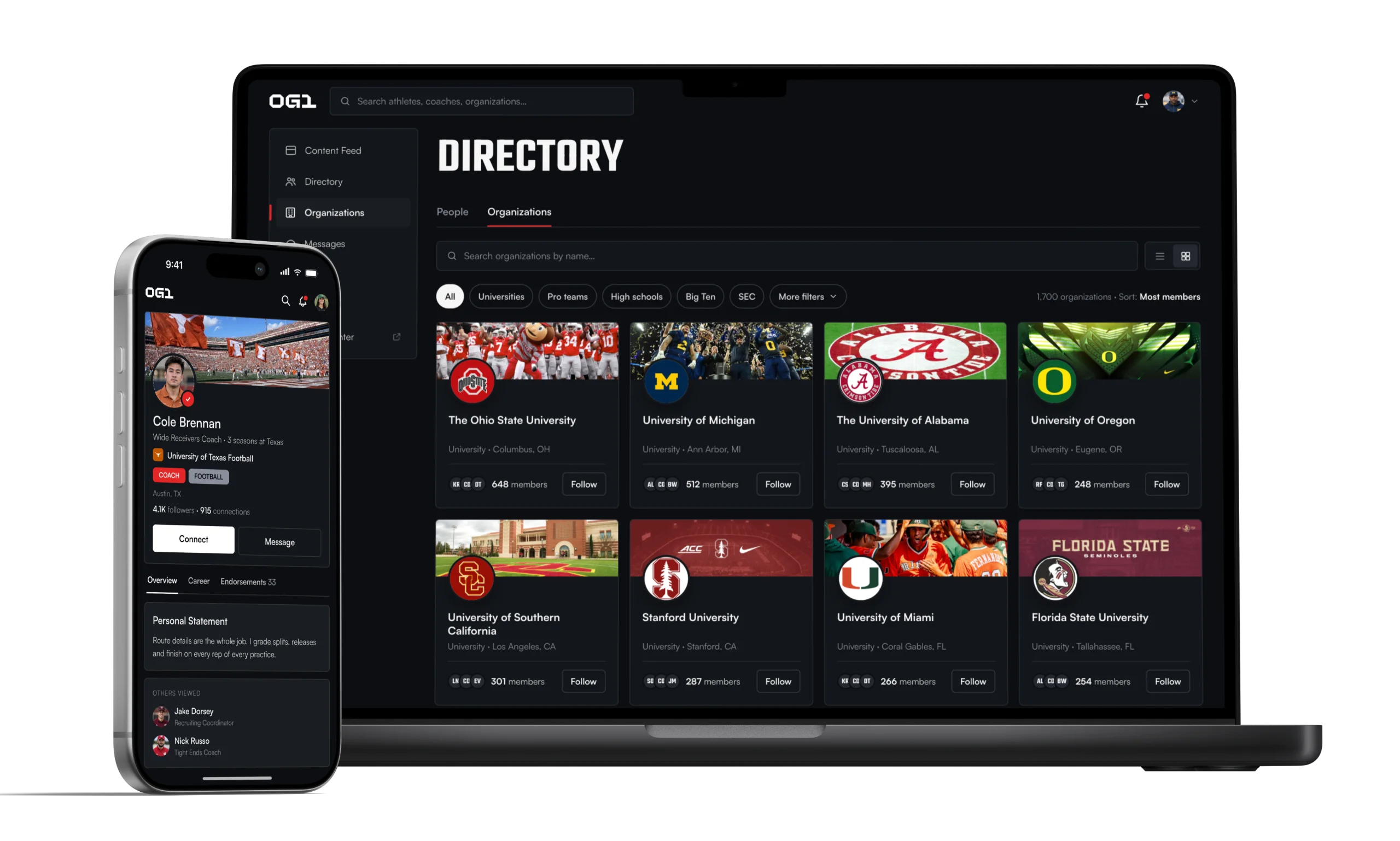 The OG1 directory on a laptop, next to a coach profile on a phone.
