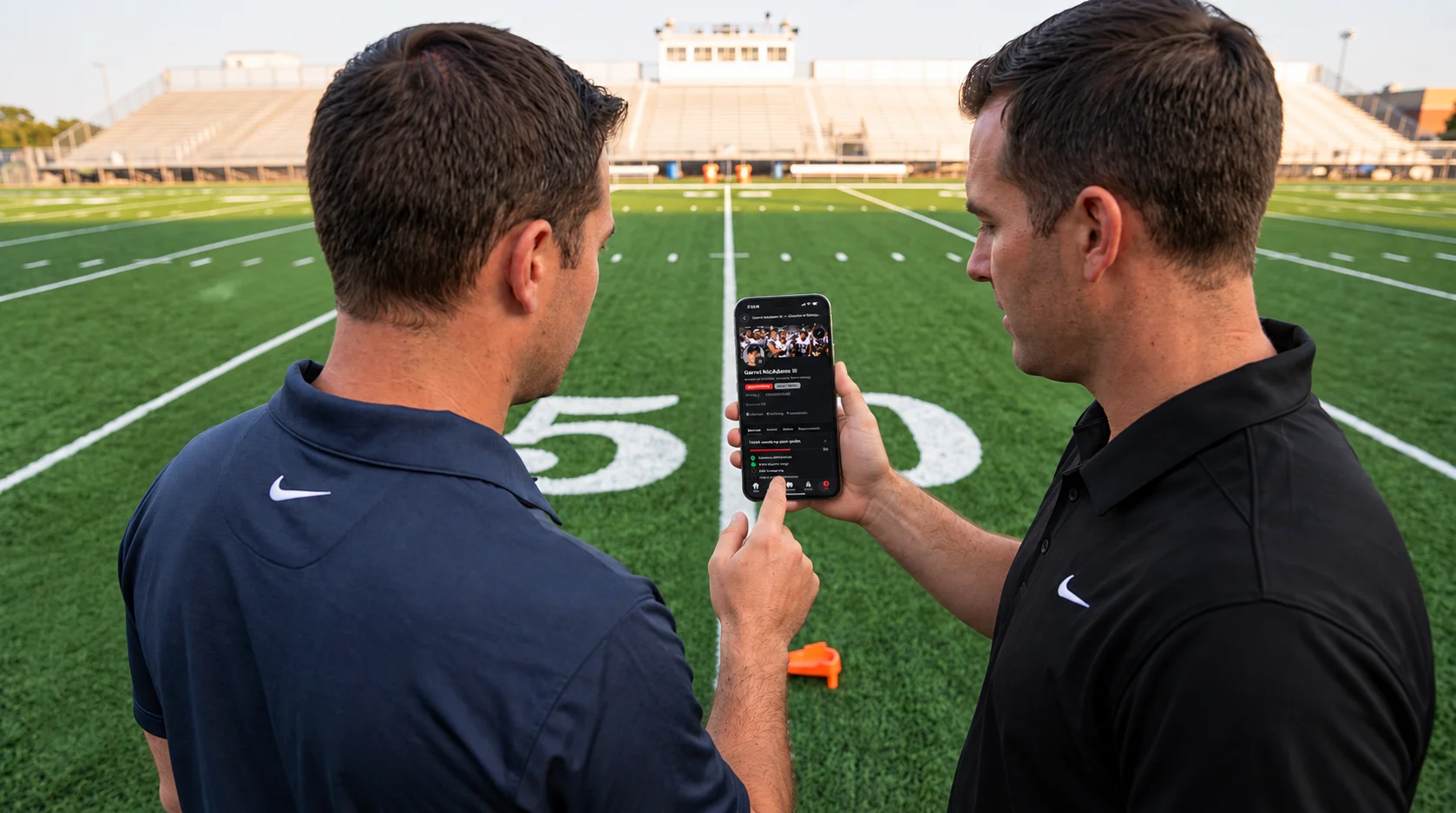 Two coaches on a football field look at an OG1 profile on a phone.