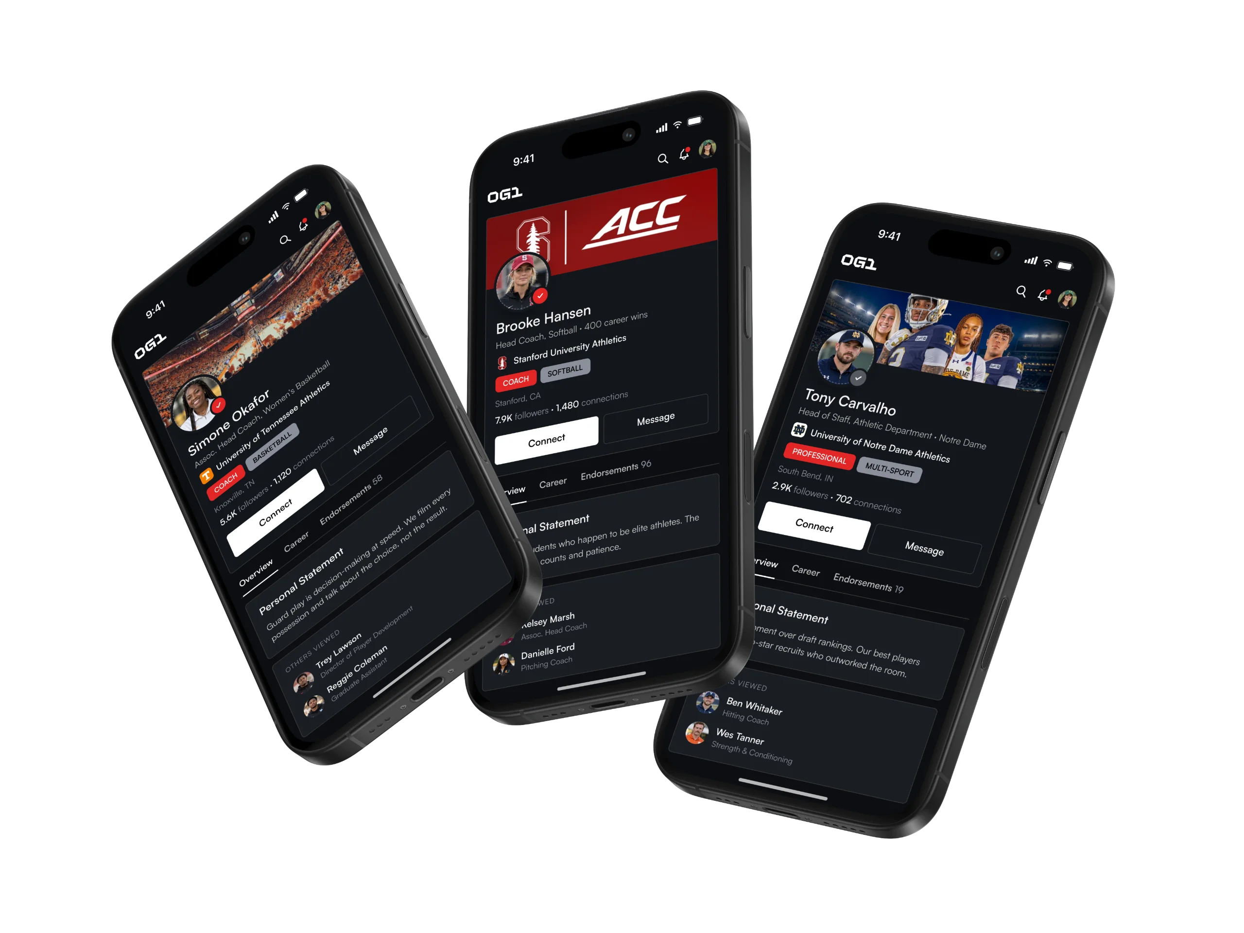 Three phones show OG1 coach profiles.