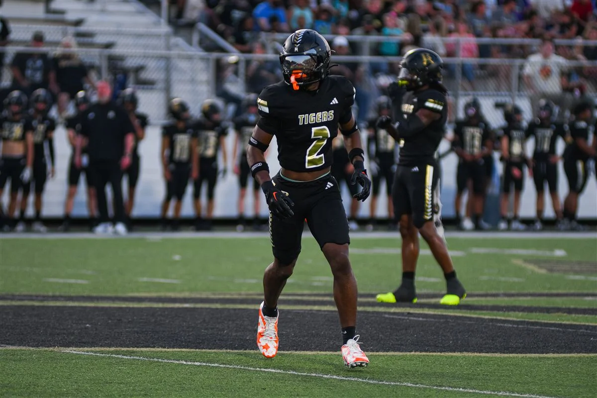 A football player in a black Tigers jersey stands on the field.