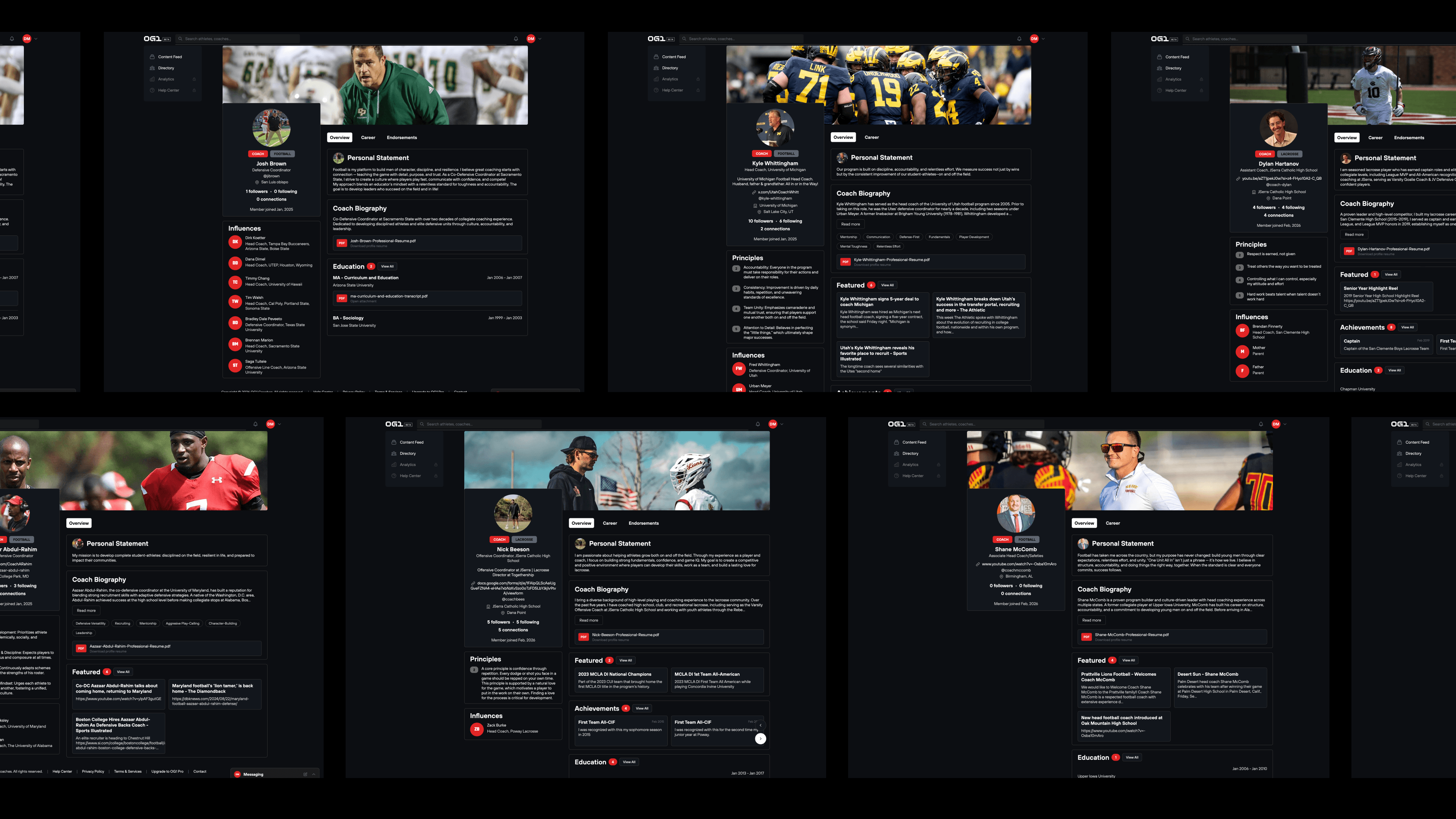 A grid of OG1 coach profiles that show a personal statement, a biography and endorsements.
