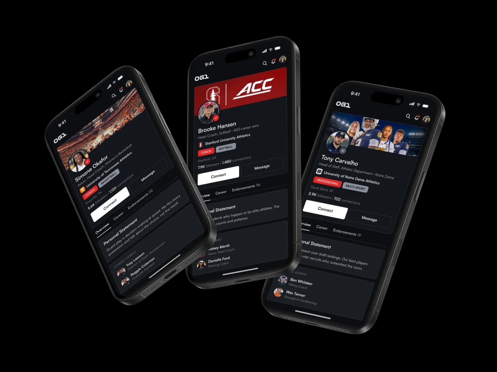 Three phones that show OG1 profiles of coaches and sports professionals, each with a career record and endorsements