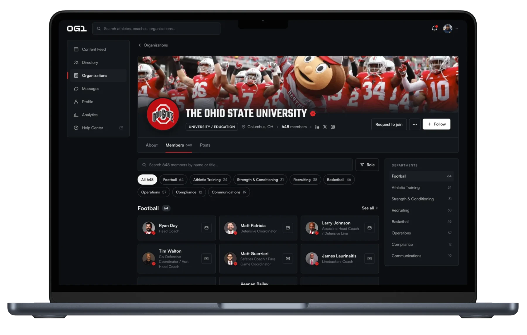 A laptop that shows The Ohio State University department page on OG1: staff grouped by department