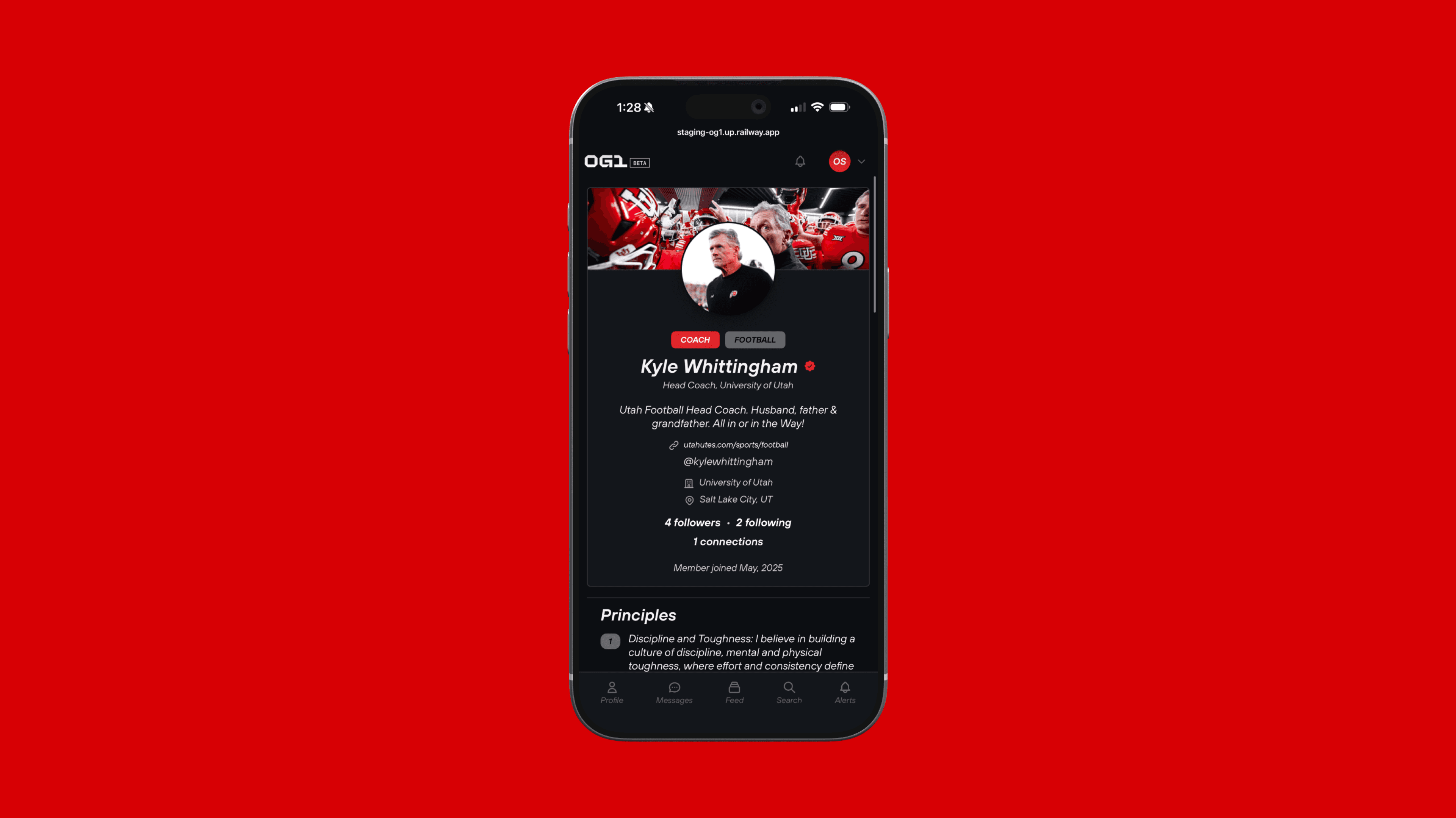 An OG1 coach profile on a phone, with the coach name, role, followers and principles.