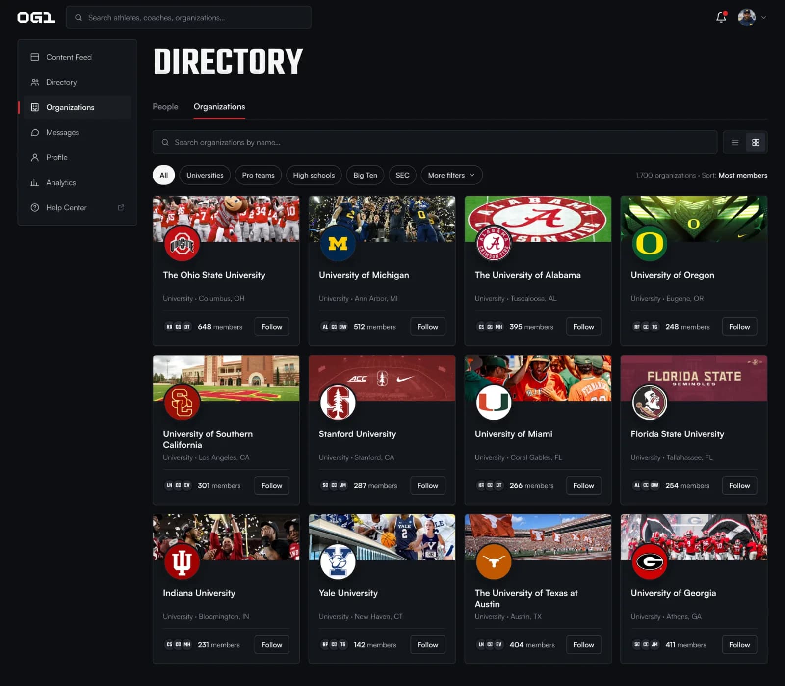 The OG1 directory of organizations: a grid of university department pages with their member counts