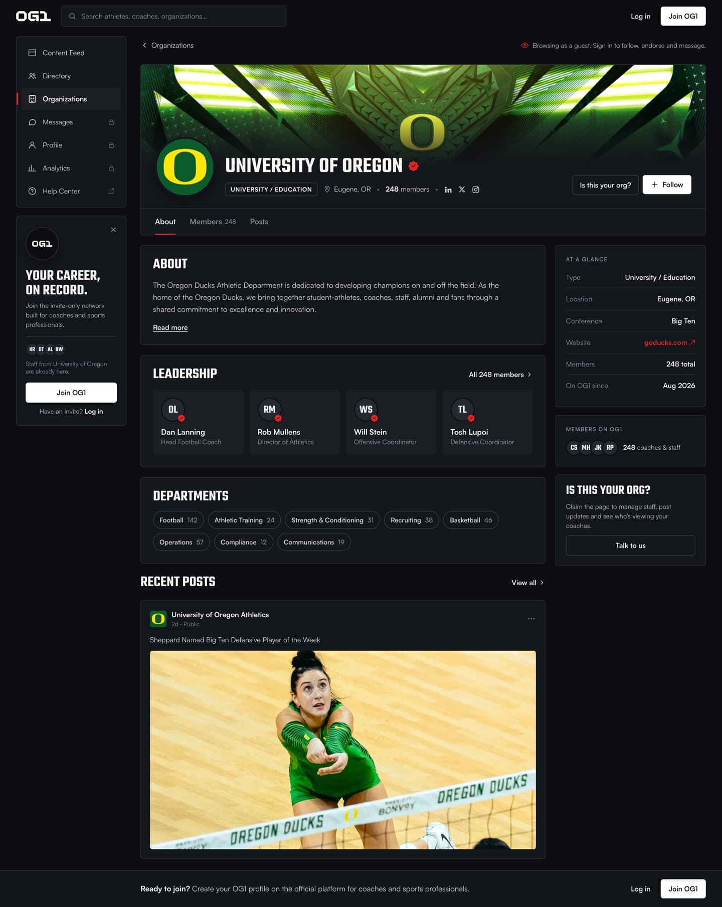 The University of Oregon public department page on OG1, as a guest sees it