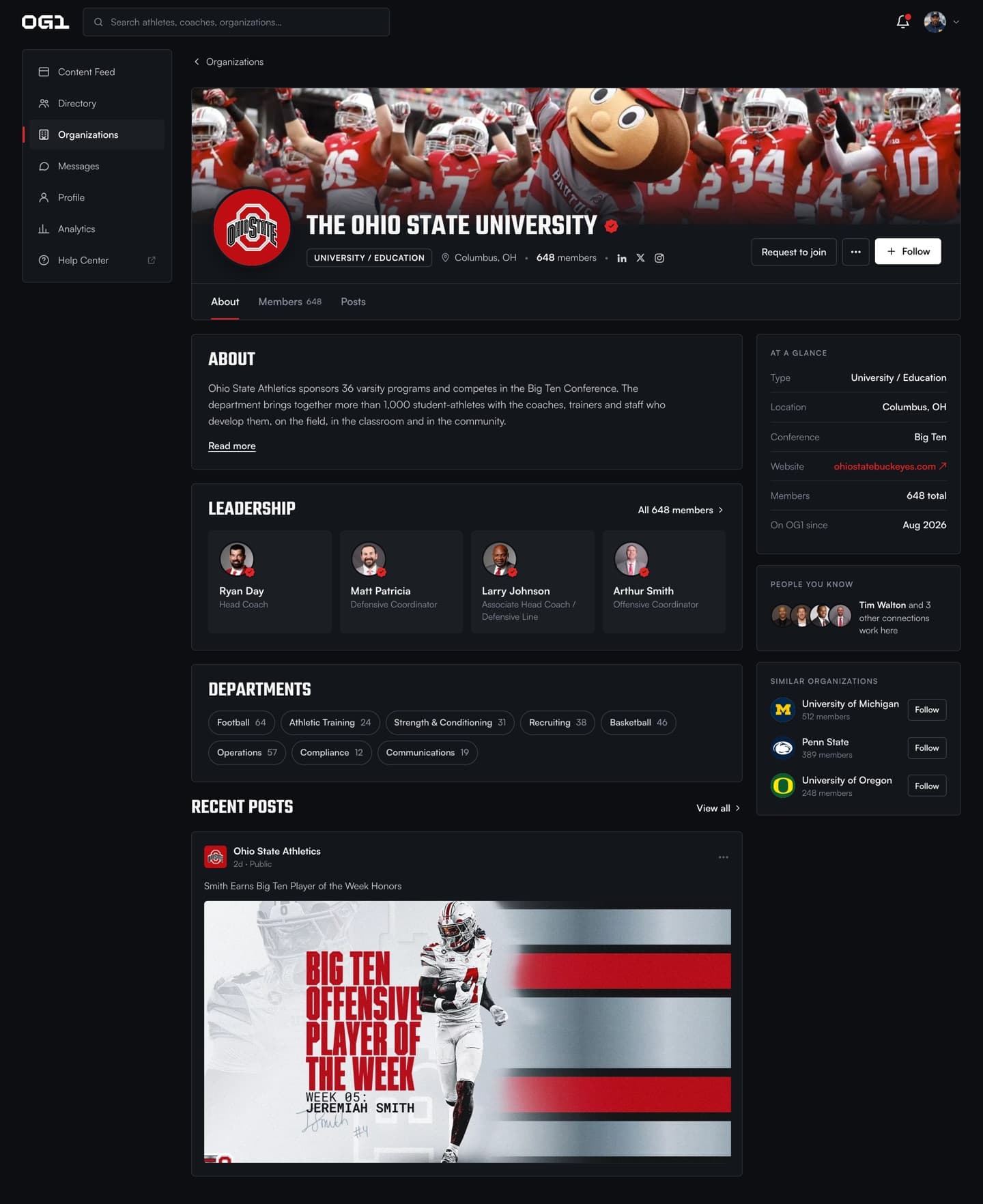 The Ohio State University department page on OG1: about, leadership, departments and posts